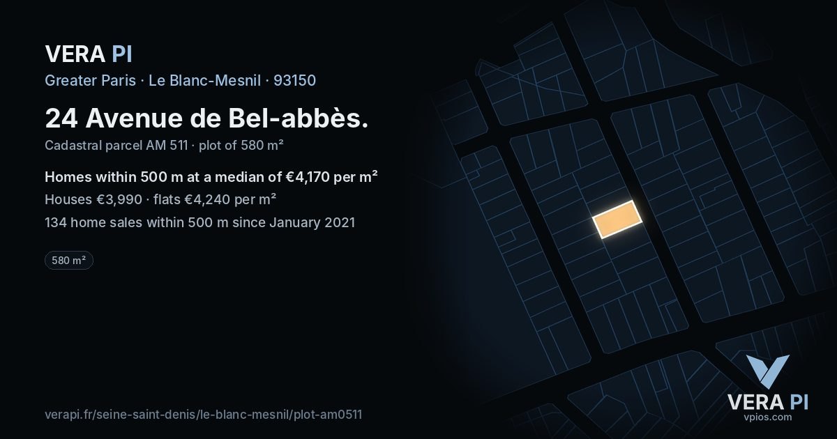 24 Avenue de Bel-abbès, Le Blanc-Mesnil at night – the plot lit, the parcels around coloured by the prices near them