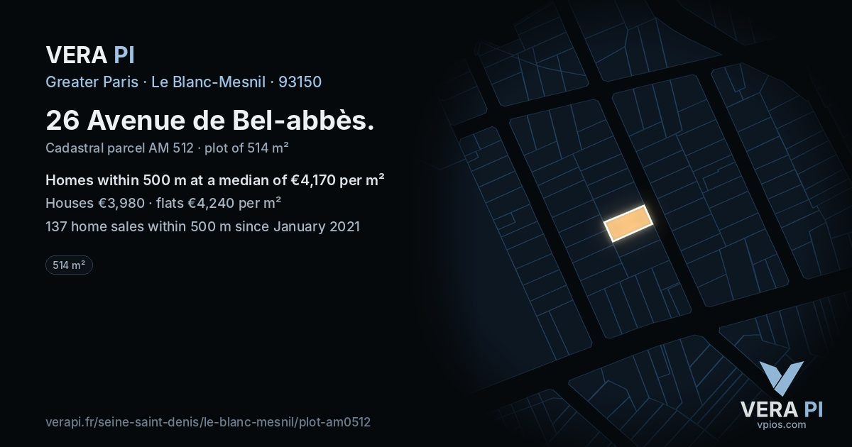 26 Avenue de Bel-abbès, Le Blanc-Mesnil at night – the plot lit, the parcels around coloured by the prices near them