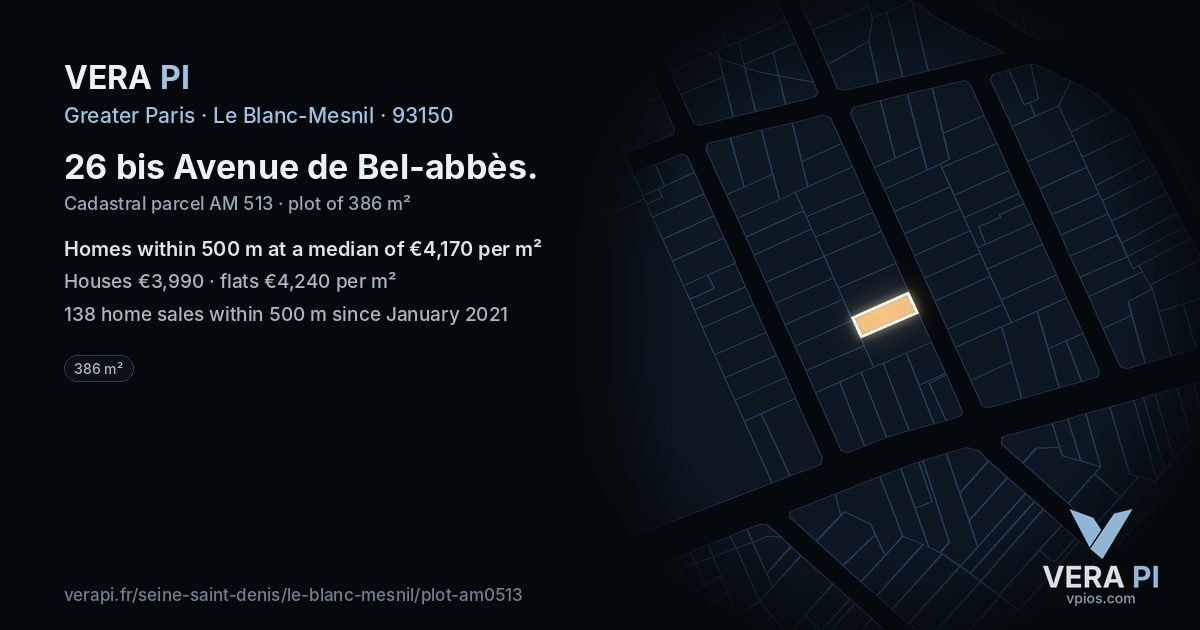 26 bis Avenue de Bel-abbès, Le Blanc-Mesnil at night – the plot lit, the parcels around coloured by the prices near them