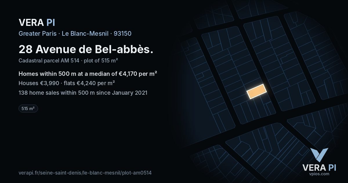 28 Avenue de Bel-abbès, Le Blanc-Mesnil at night – the plot lit, the parcels around coloured by the prices near them