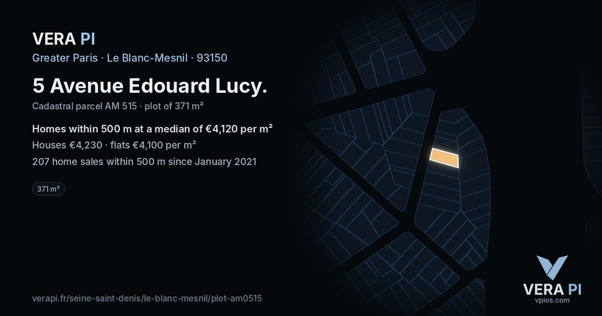 5 Avenue Edouard Lucy, Le Blanc-Mesnil at night – the plot lit, the parcels around coloured by the prices near them