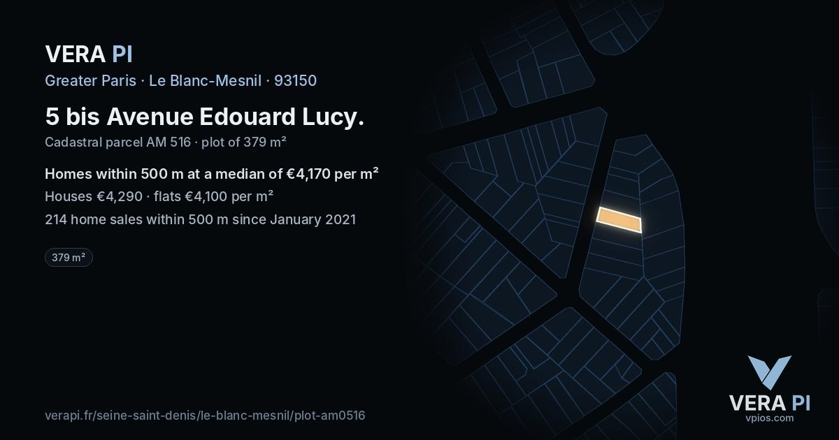 5 bis Avenue Edouard Lucy, Le Blanc-Mesnil at night – the plot lit, the parcels around coloured by the prices near them