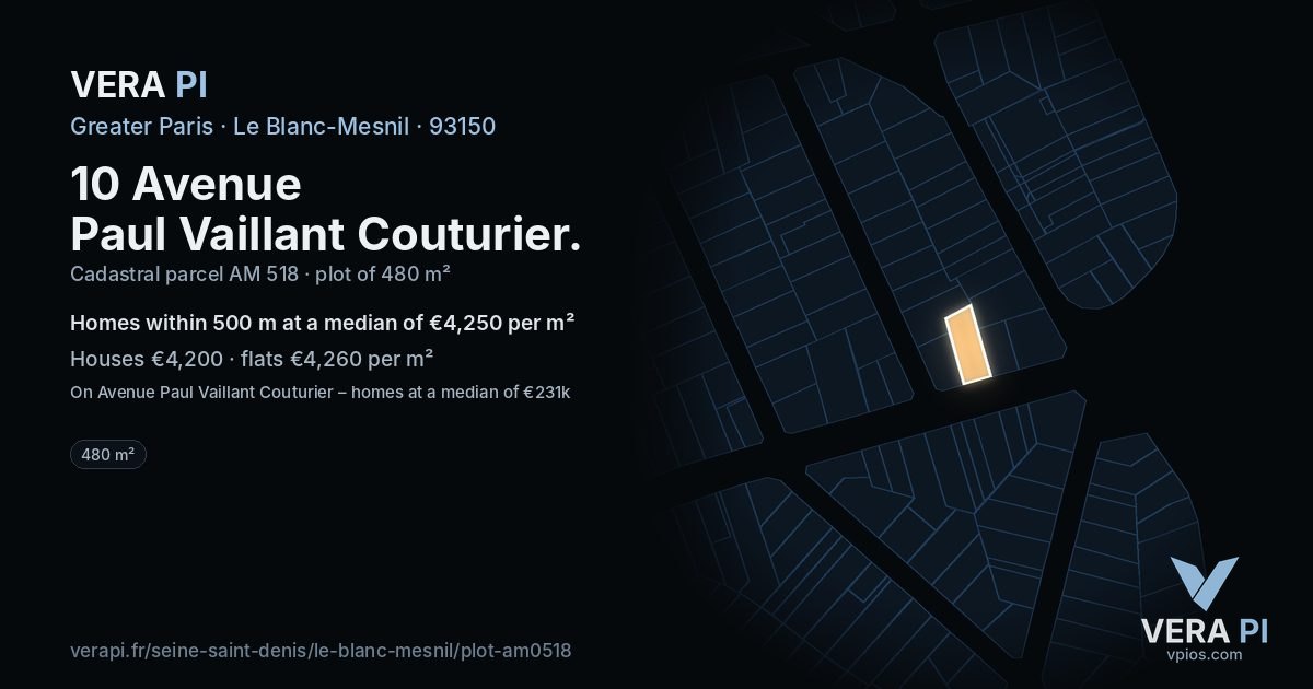 10 Avenue Paul Vaillant Couturier, Le Blanc-Mesnil at night – the plot lit, the parcels around coloured by the prices near them
