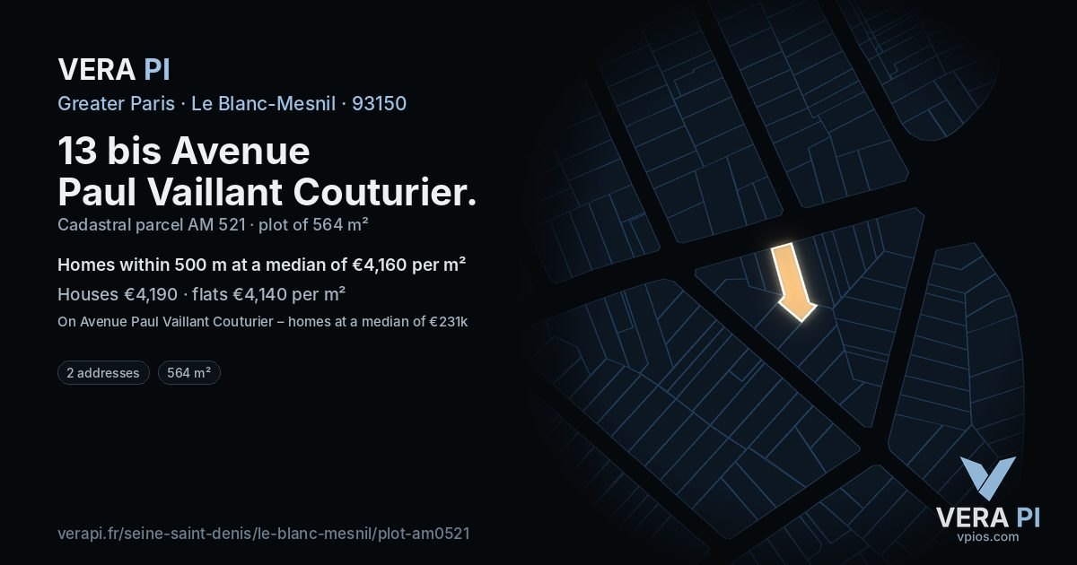 13 bis Avenue Paul Vaillant Couturier, Le Blanc-Mesnil at night – the plot lit, the parcels around coloured by the prices near them