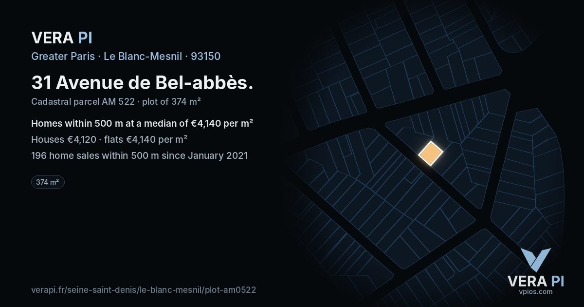 31 Avenue de Bel-abbès, Le Blanc-Mesnil at night – the plot lit, the parcels around coloured by the prices near them