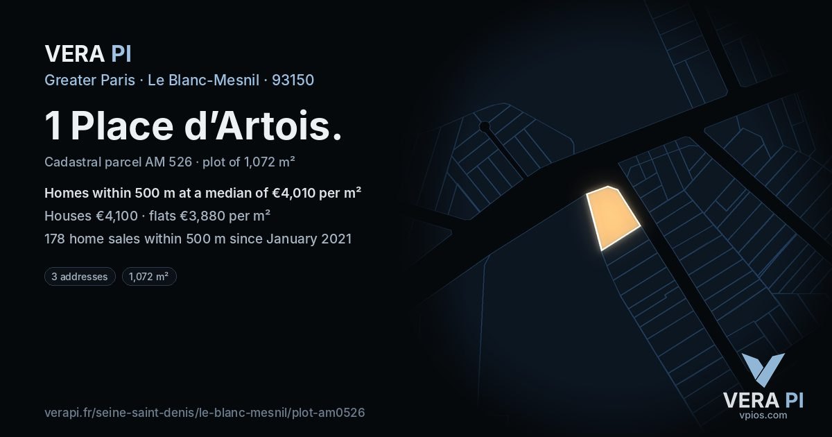 1 Place d’Artois, Le Blanc-Mesnil at night – the plot lit, the parcels around coloured by the prices near them