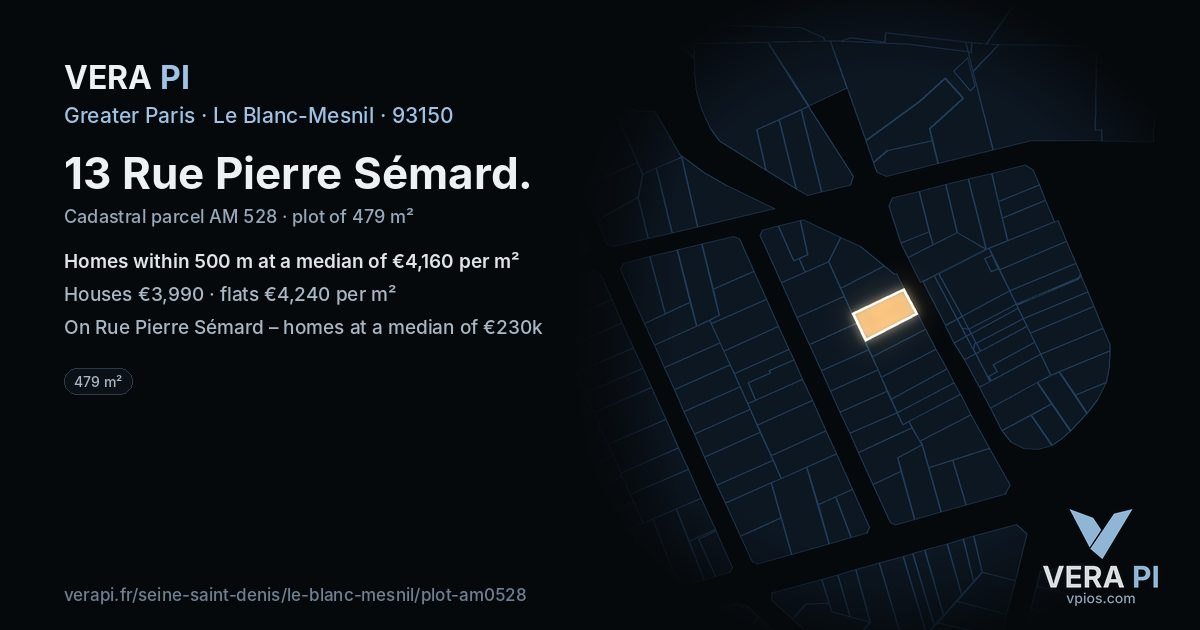 13 Rue Pierre Sémard, Le Blanc-Mesnil at night – the plot lit, the parcels around coloured by the prices near them