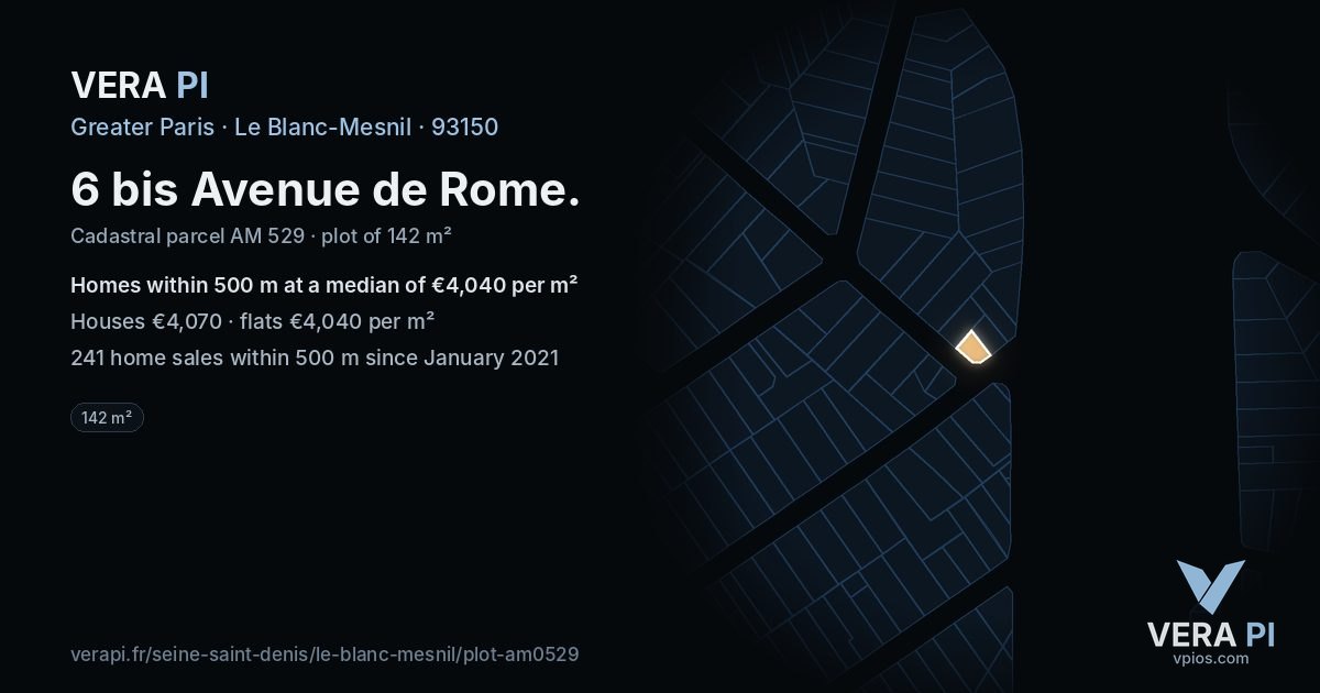 6 bis Avenue de Rome, Le Blanc-Mesnil at night – the plot lit, the parcels around coloured by the prices near them