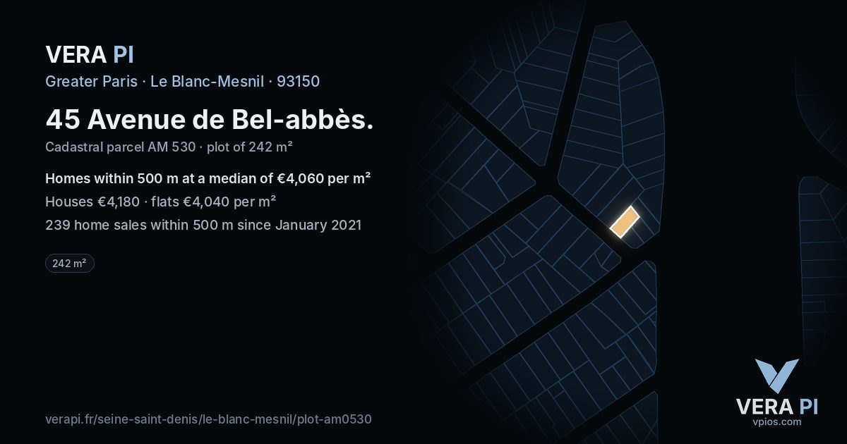 45 Avenue de Bel-abbès, Le Blanc-Mesnil at night – the plot lit, the parcels around coloured by the prices near them