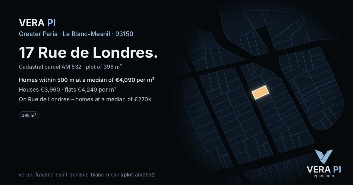 17 Rue de Londres, Le Blanc-Mesnil at night – the plot lit, the parcels around coloured by the prices near them
