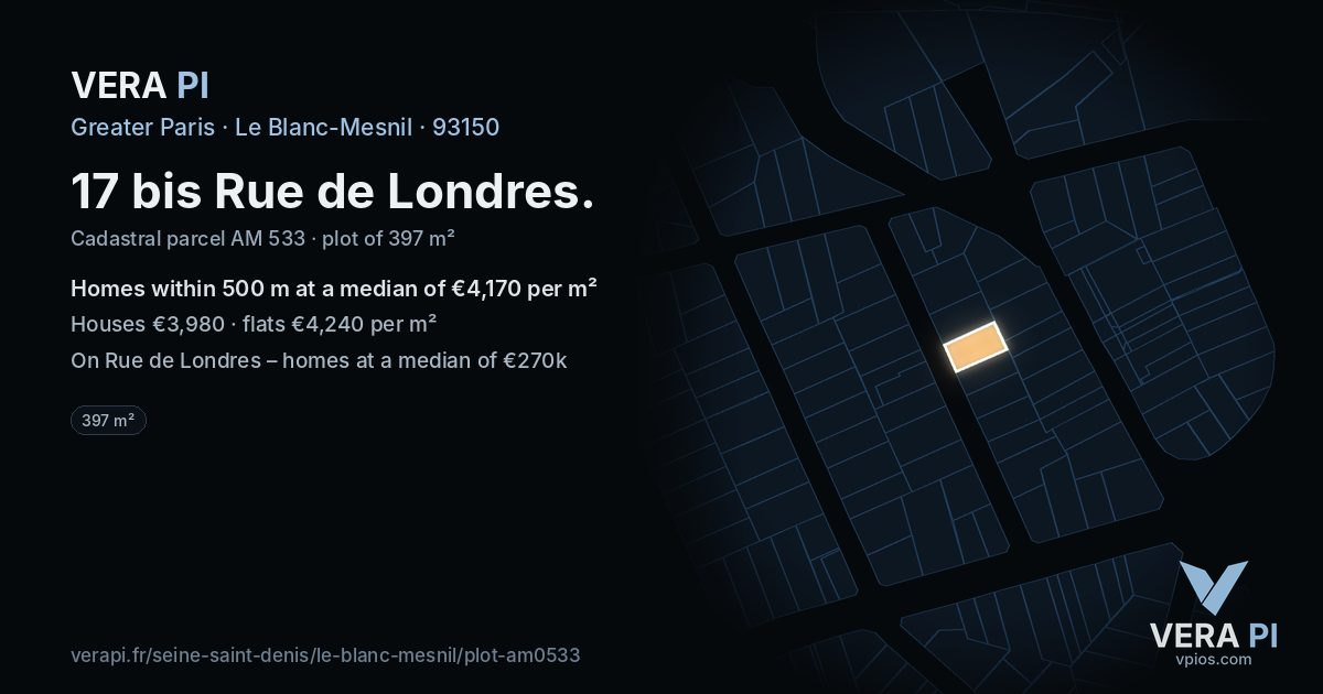 17 bis Rue de Londres, Le Blanc-Mesnil at night – the plot lit, the parcels around coloured by the prices near them