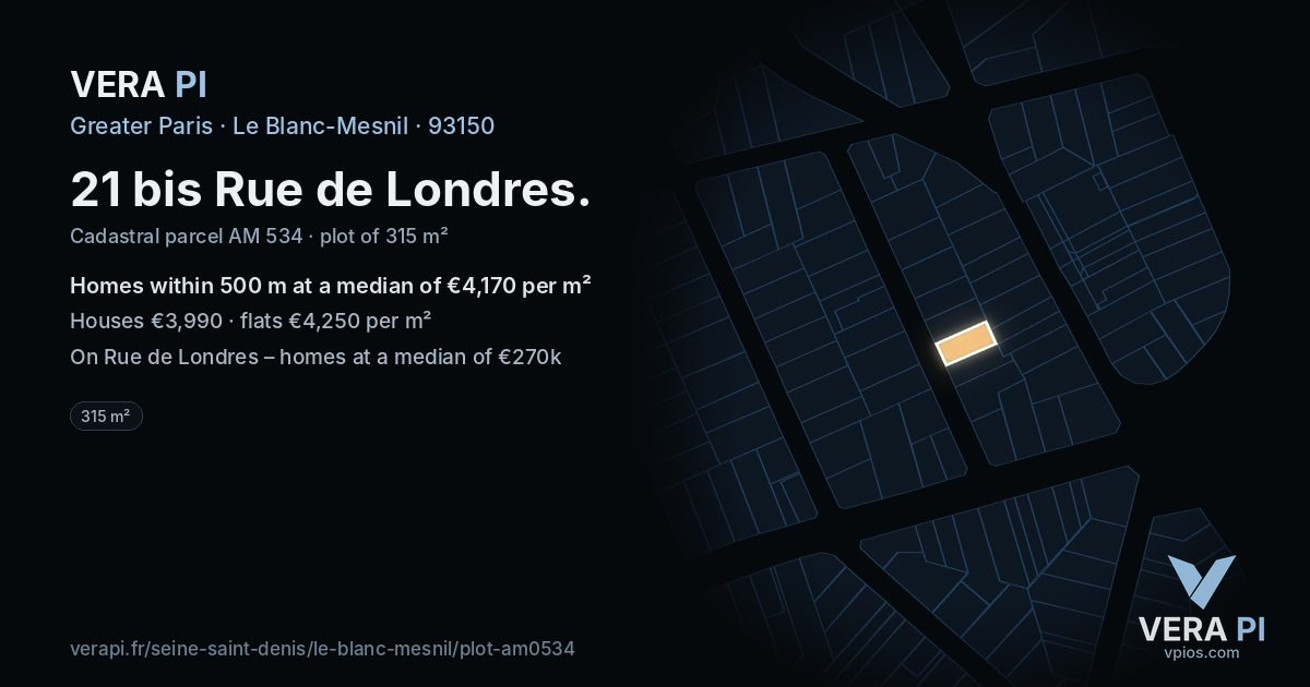 21 bis Rue de Londres, Le Blanc-Mesnil at night – the plot lit, the parcels around coloured by the prices near them