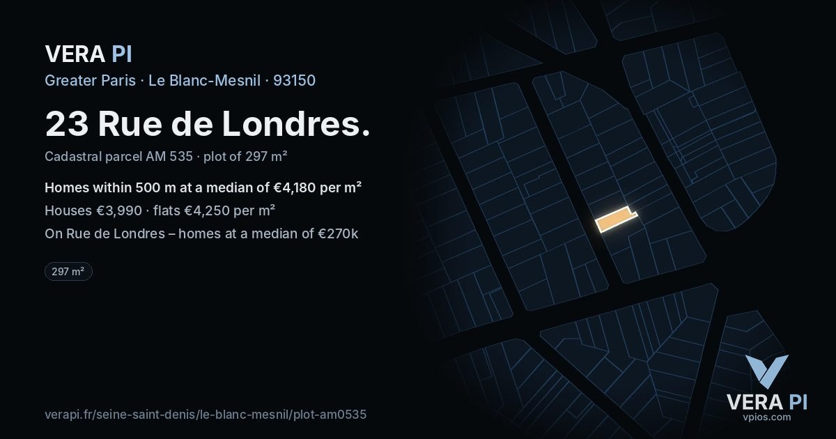 23 Rue de Londres, Le Blanc-Mesnil at night – the plot lit, the parcels around coloured by the prices near them