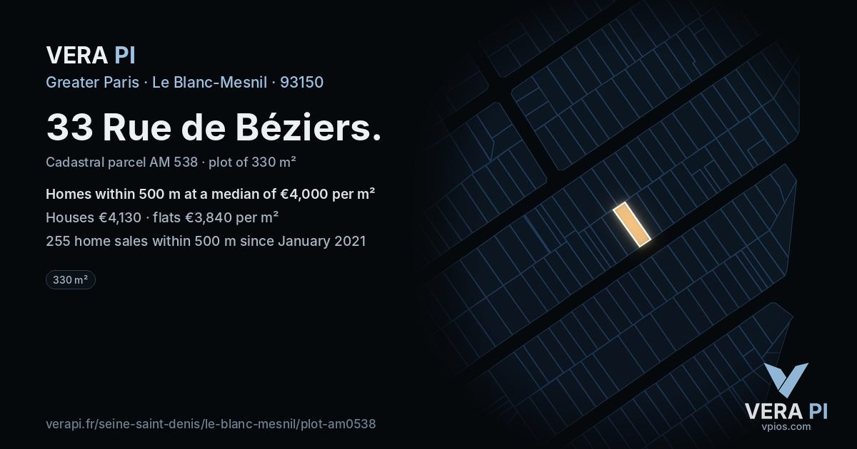 33 Rue de Béziers, Le Blanc-Mesnil at night – the plot lit, the parcels around coloured by the prices near them