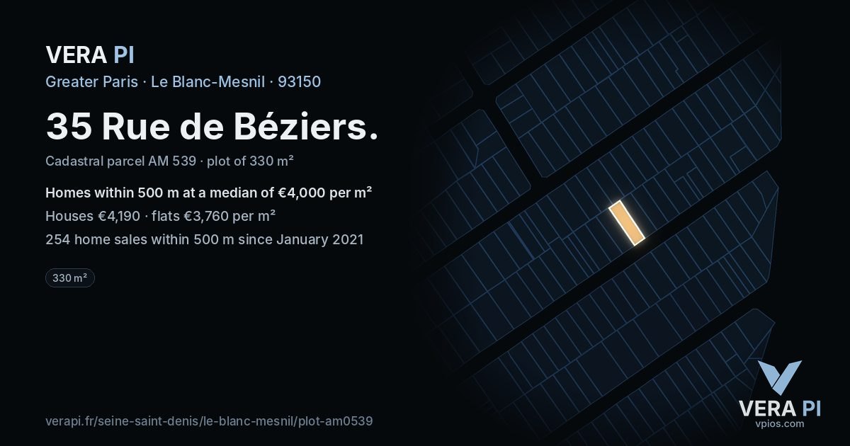 35 Rue de Béziers, Le Blanc-Mesnil at night – the plot lit, the parcels around coloured by the prices near them