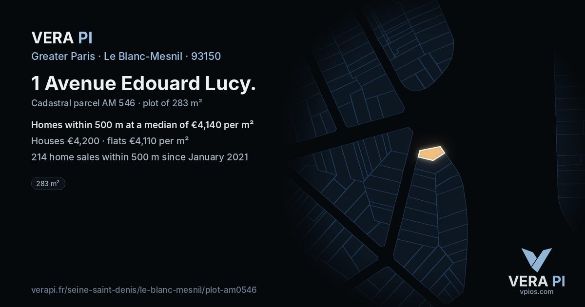 1 Avenue Edouard Lucy, Le Blanc-Mesnil at night – the plot lit, the parcels around coloured by the prices near them