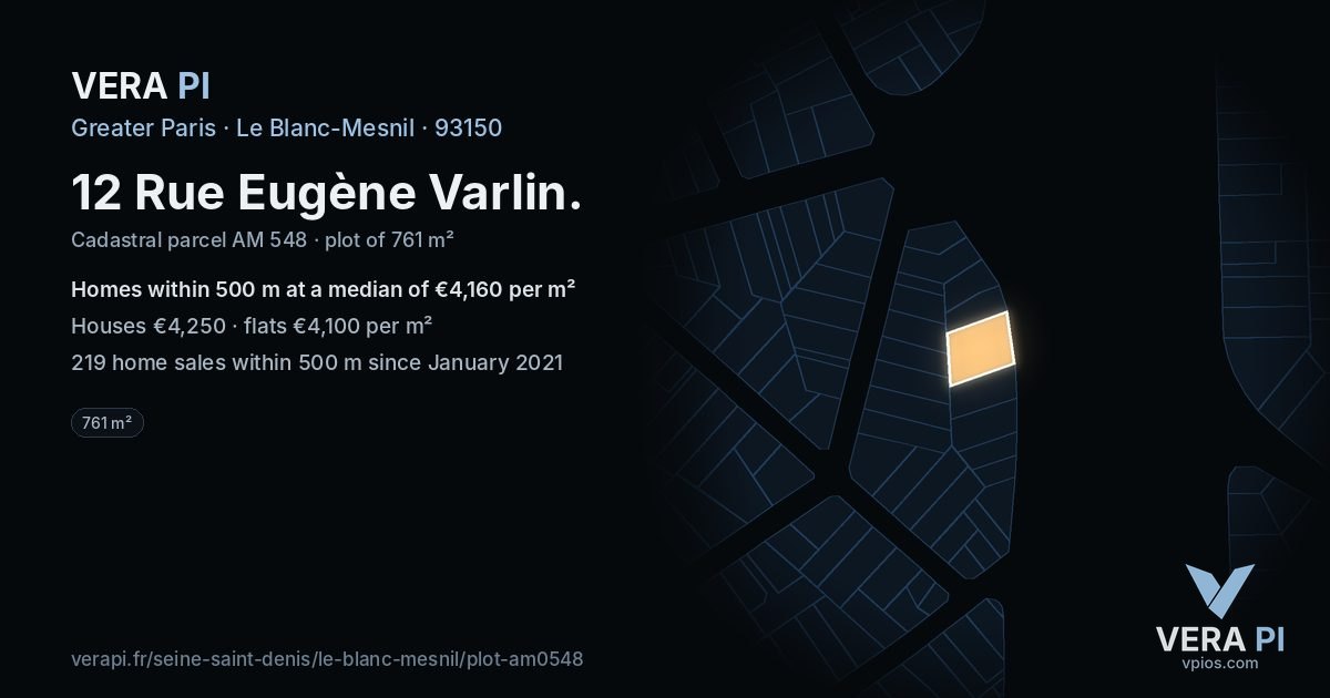 12 Rue Eugène Varlin, Le Blanc-Mesnil at night – the plot lit, the parcels around coloured by the prices near them