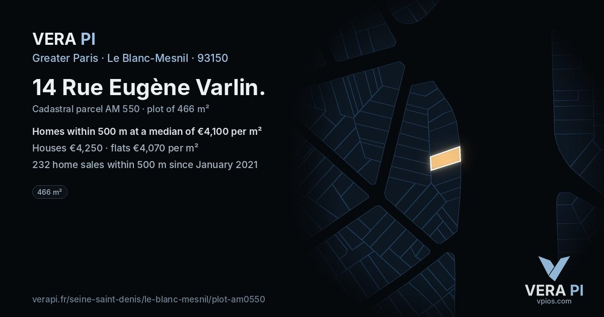 14 Rue Eugène Varlin, Le Blanc-Mesnil at night – the plot lit, the parcels around coloured by the prices near them