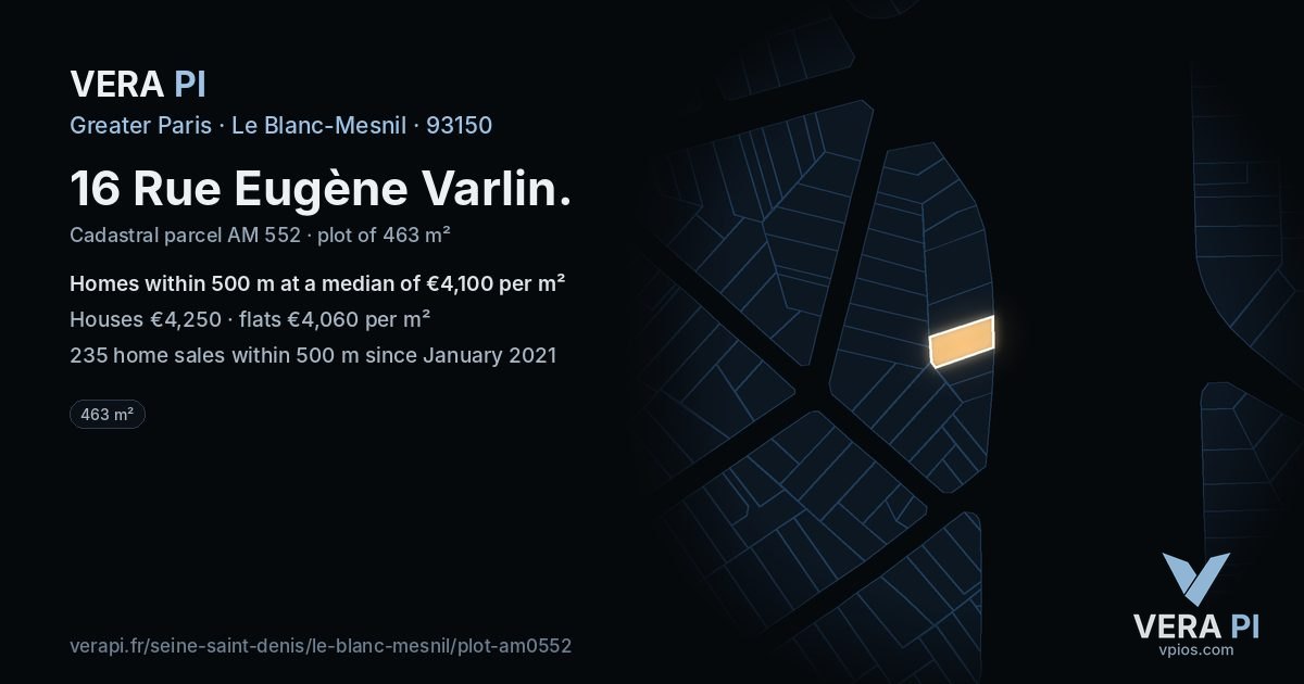 16 Rue Eugène Varlin, Le Blanc-Mesnil at night – the plot lit, the parcels around coloured by the prices near them