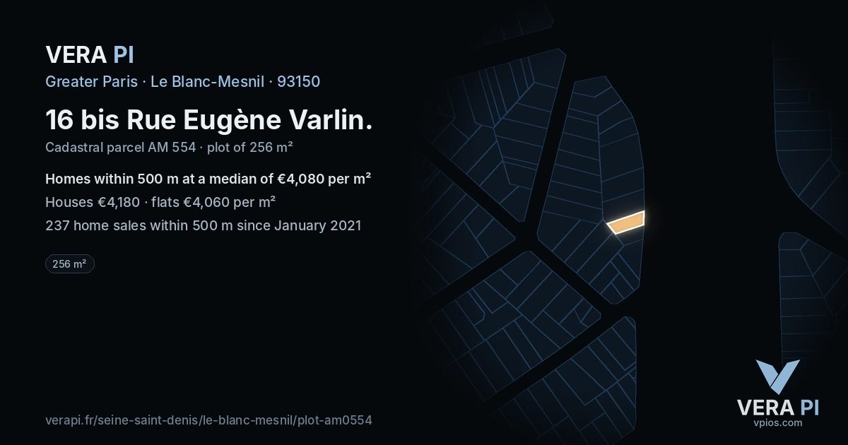 16 bis Rue Eugène Varlin, Le Blanc-Mesnil at night – the plot lit, the parcels around coloured by the prices near them