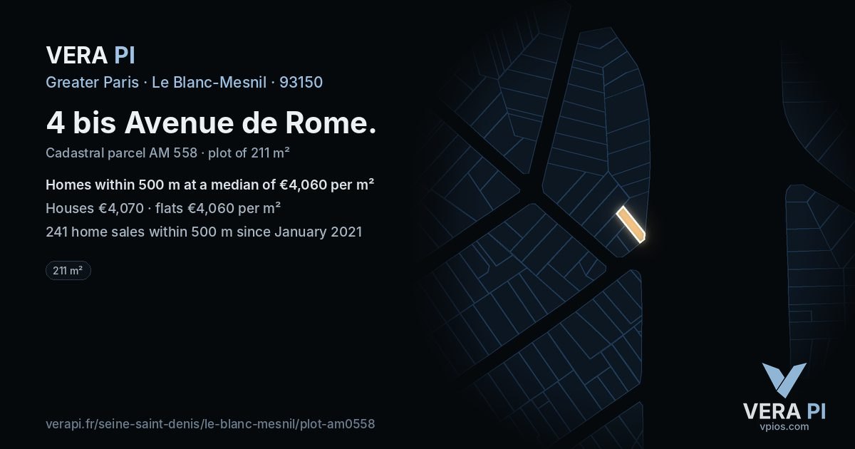 4 bis Avenue de Rome, Le Blanc-Mesnil at night – the plot lit, the parcels around coloured by the prices near them