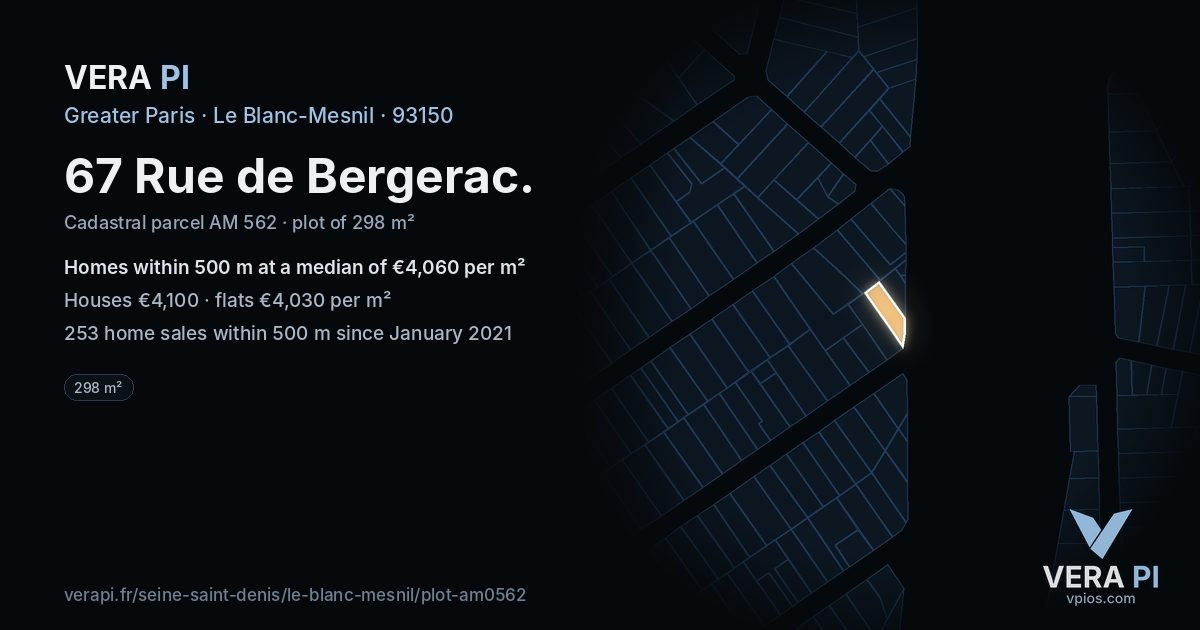 67 Rue de Bergerac, Le Blanc-Mesnil at night – the plot lit, the parcels around coloured by the prices near them