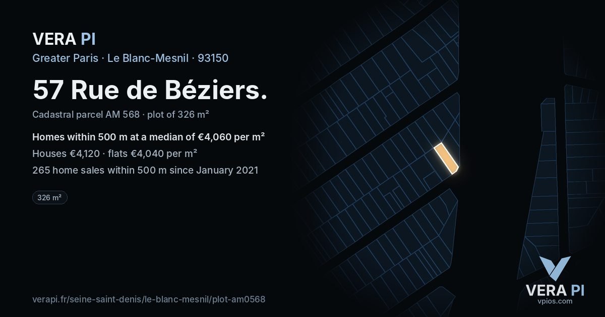 57 Rue de Béziers, Le Blanc-Mesnil at night – the plot lit, the parcels around coloured by the prices near them
