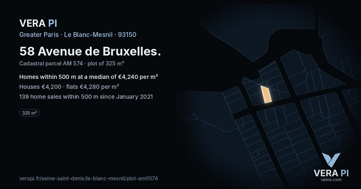 58 Avenue de Bruxelles, Le Blanc-Mesnil at night – the plot lit, the parcels around coloured by the prices near them