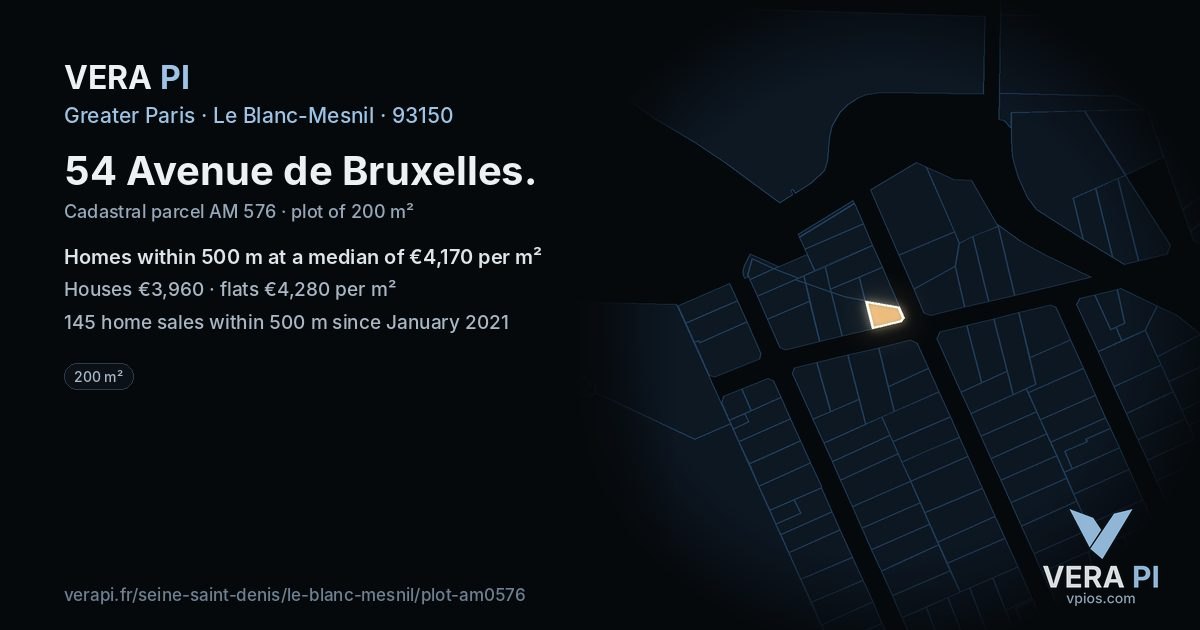 54 Avenue de Bruxelles, Le Blanc-Mesnil at night – the plot lit, the parcels around coloured by the prices near them