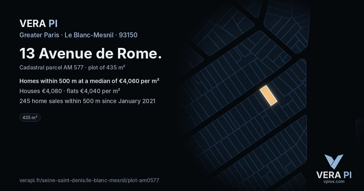 13 Avenue de Rome, Le Blanc-Mesnil at night – the plot lit, the parcels around coloured by the prices near them
