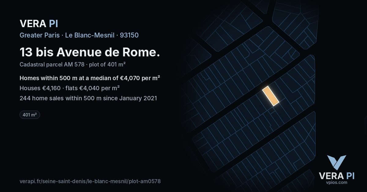 13 bis Avenue de Rome, Le Blanc-Mesnil at night – the plot lit, the parcels around coloured by the prices near them