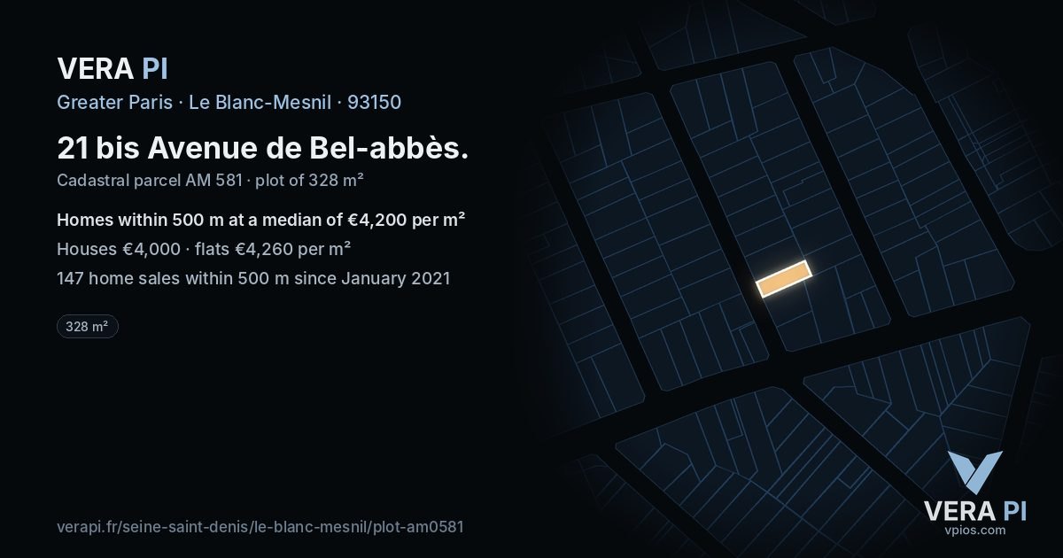 21 bis Avenue de Bel-abbès, Le Blanc-Mesnil at night – the plot lit, the parcels around coloured by the prices near them