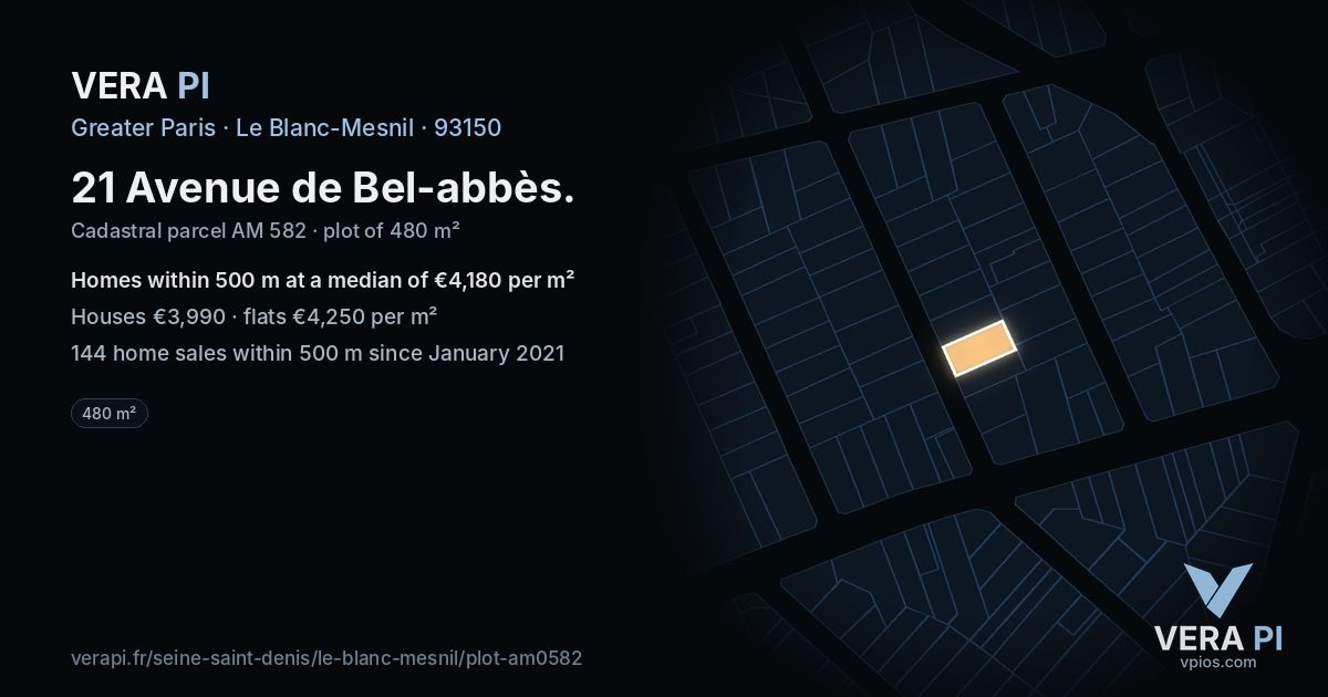 21 Avenue de Bel-abbès, Le Blanc-Mesnil at night – the plot lit, the parcels around coloured by the prices near them
