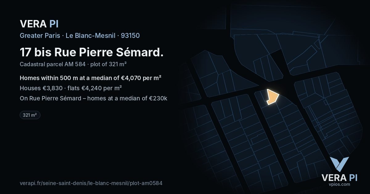 17 bis Rue Pierre Sémard, Le Blanc-Mesnil at night – the plot lit, the parcels around coloured by the prices near them