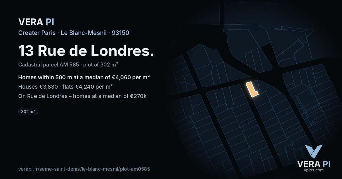 13 Rue de Londres, Le Blanc-Mesnil at night – the plot lit, the parcels around coloured by the prices near them