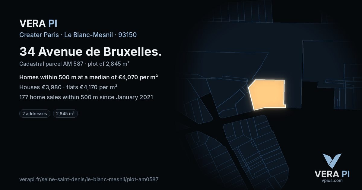 34 Avenue de Bruxelles, Le Blanc-Mesnil at night – the plot lit, the parcels around coloured by the prices near them