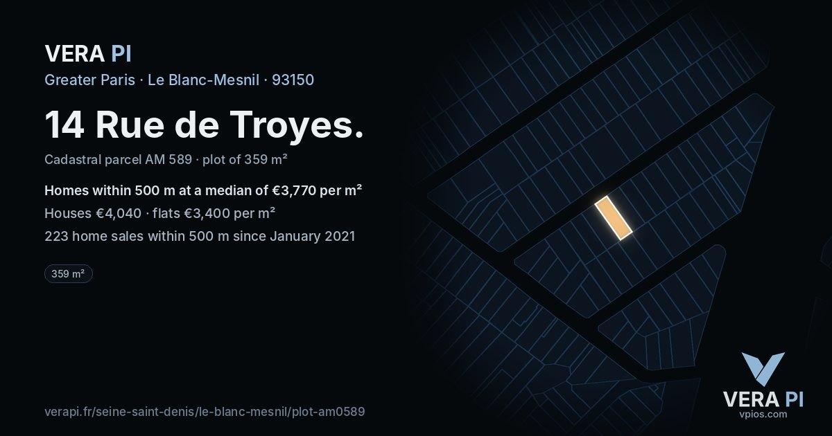 14 Rue de Troyes, Le Blanc-Mesnil at night – the plot lit, the parcels around coloured by the prices near them