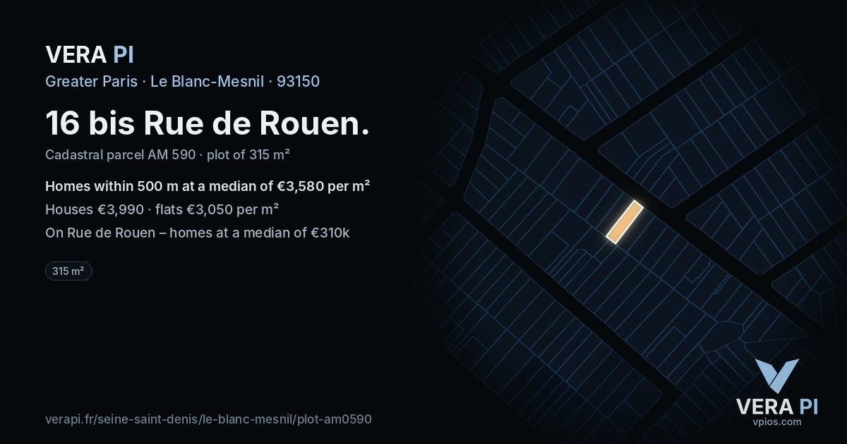 16 bis Rue de Rouen, Le Blanc-Mesnil at night – the plot lit, the parcels around coloured by the prices near them