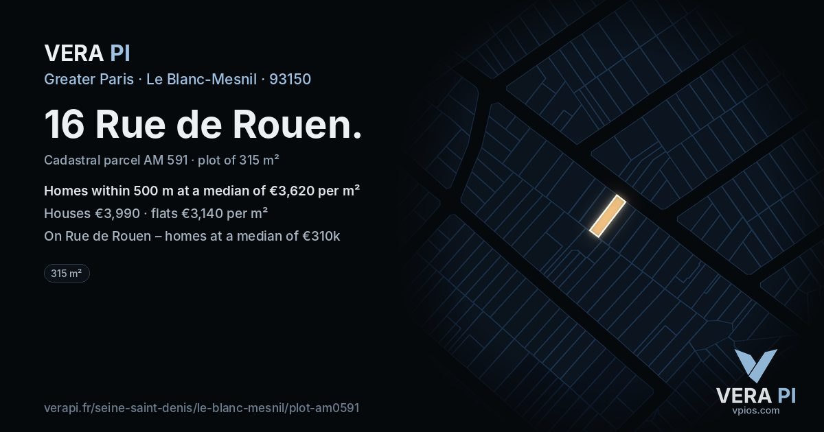 16 Rue de Rouen, Le Blanc-Mesnil at night – the plot lit, the parcels around coloured by the prices near them