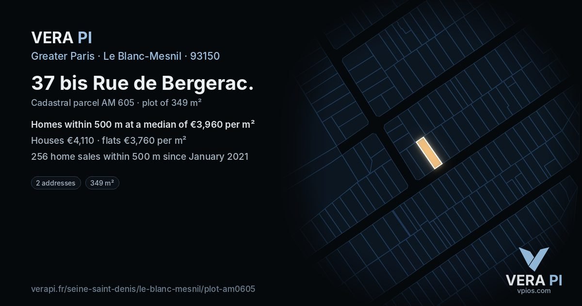 37 bis Rue de Bergerac, Le Blanc-Mesnil at night – the plot lit, the parcels around coloured by the prices near them