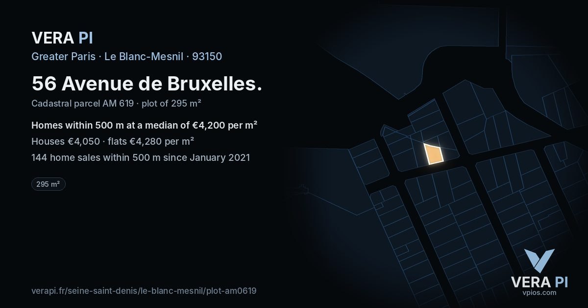 56 Avenue de Bruxelles, Le Blanc-Mesnil at night – the plot lit, the parcels around coloured by the prices near them