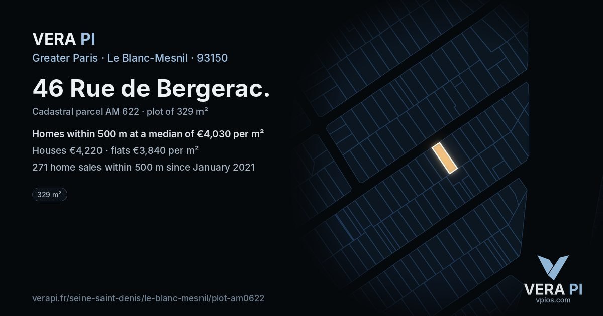 46 Rue de Bergerac, Le Blanc-Mesnil at night – the plot lit, the parcels around coloured by the prices near them