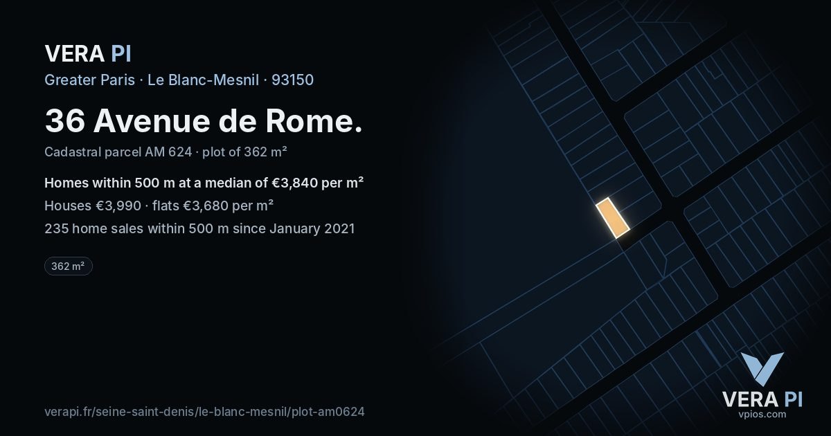 36 Avenue de Rome, Le Blanc-Mesnil at night – the plot lit, the parcels around coloured by the prices near them