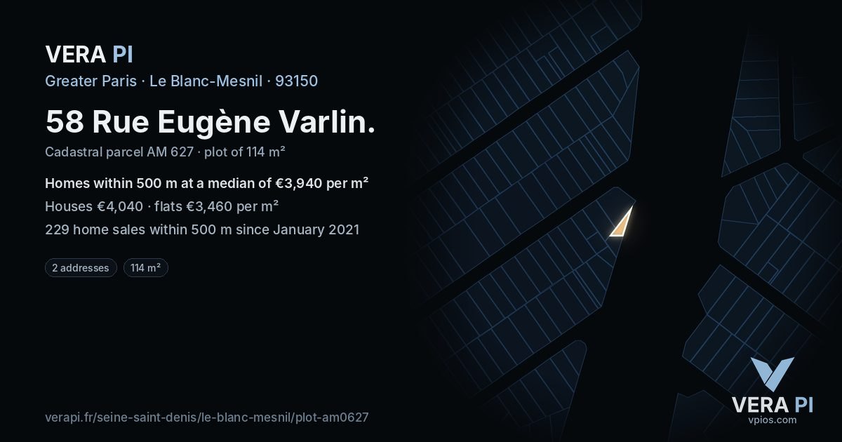 58 Rue Eugène Varlin, Le Blanc-Mesnil at night – the plot lit, the parcels around coloured by the prices near them