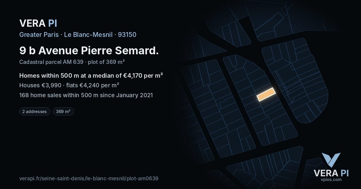 9 b Avenue Pierre Semard, Le Blanc-Mesnil at night – the plot lit, the parcels around coloured by the prices near them