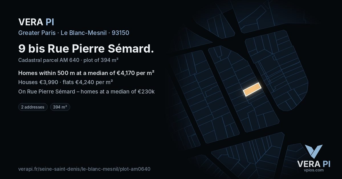 9 bis Rue Pierre Sémard, Le Blanc-Mesnil at night – the plot lit, the parcels around coloured by the prices near them
