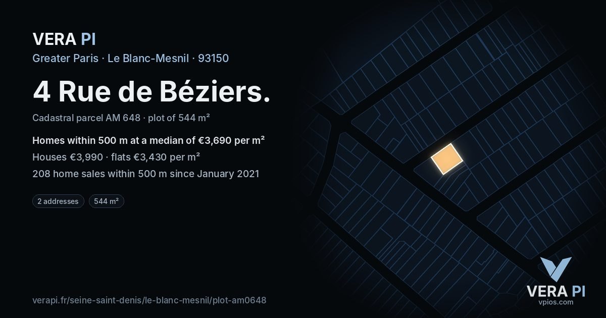 4 Rue de Béziers, Le Blanc-Mesnil at night – the plot lit, the parcels around coloured by the prices near them