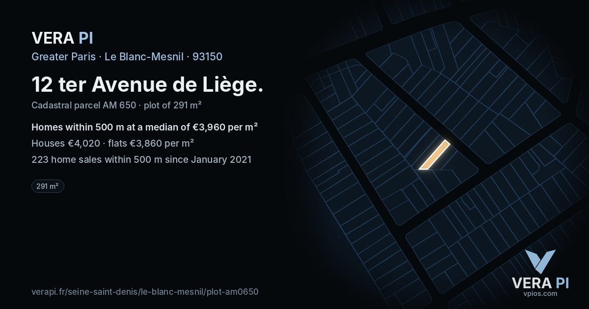12 ter Avenue de Liège, Le Blanc-Mesnil at night – the plot lit, the parcels around coloured by the prices near them