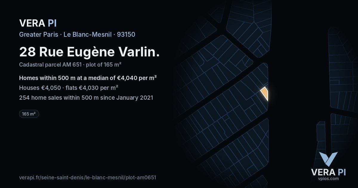 28 Rue Eugène Varlin, Le Blanc-Mesnil at night – the plot lit, the parcels around coloured by the prices near them