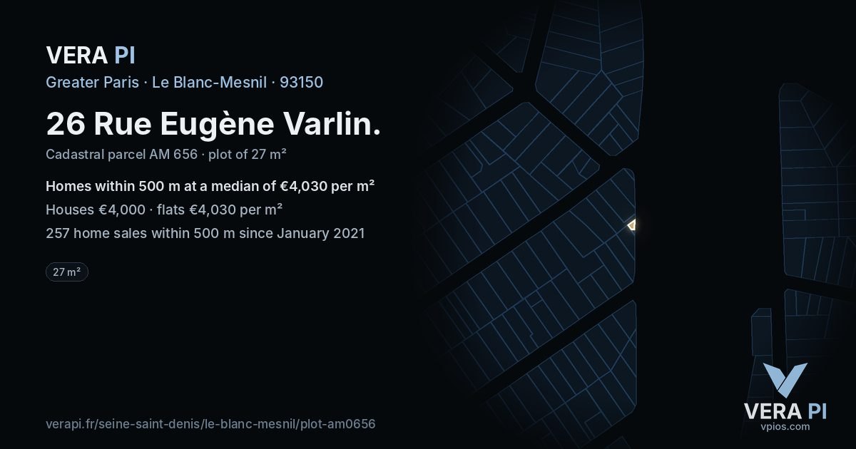 26 Rue Eugène Varlin, Le Blanc-Mesnil at night – the plot lit, the parcels around coloured by the prices near them